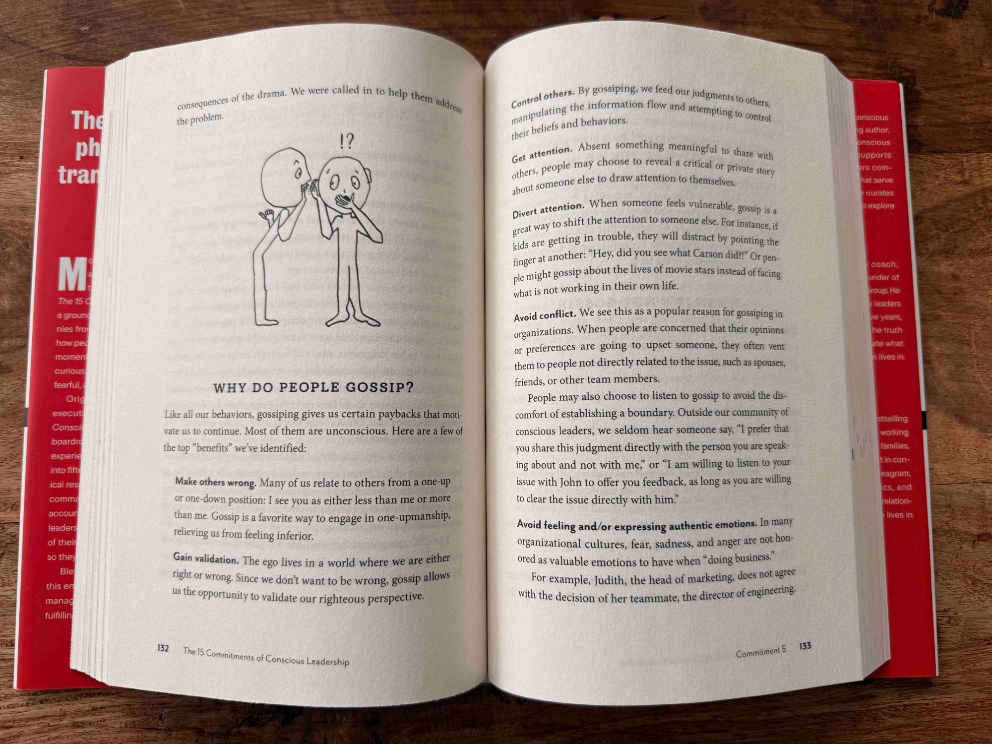 The book open on a wooden table to Commitment 5, showing a pen-and-ink illustration and the chapter on gossip-free living.